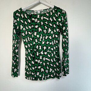 Diane Von Furstenberg Womens Green & Black Animal Print Long Sleeve Top Small